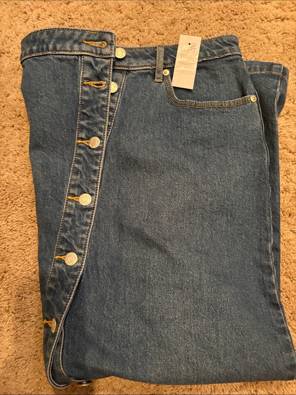 LOFT Dark Blue Button-Front Denim Midi Skirt with Front Slit - Picture 2 of 4